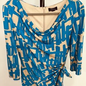 Tahari Blue and White Sheath Dress with Cowl Neck